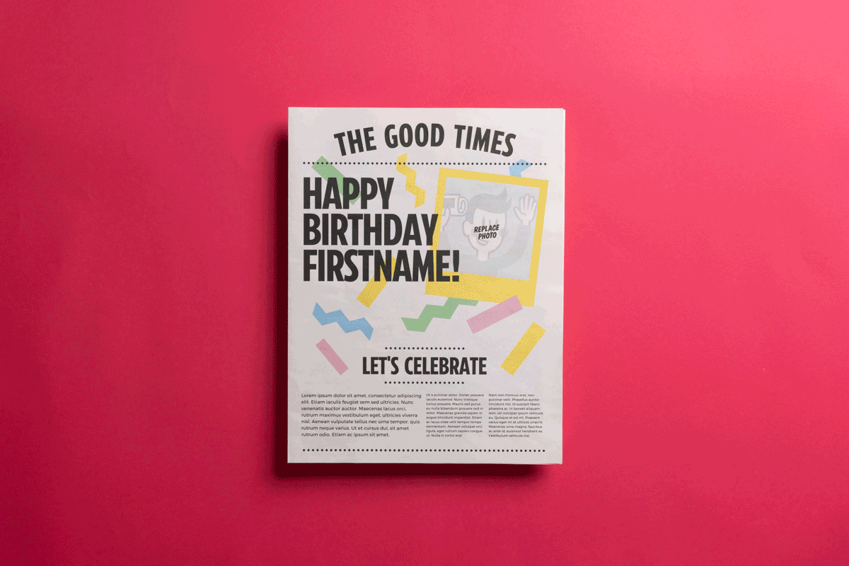 Celebration newspaper template for Canva. Birthday newspaper design.