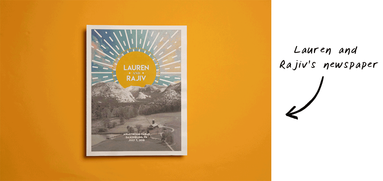 Lauren and Rajiv wedding thank you newspaper. Printed by Newspaper Club.