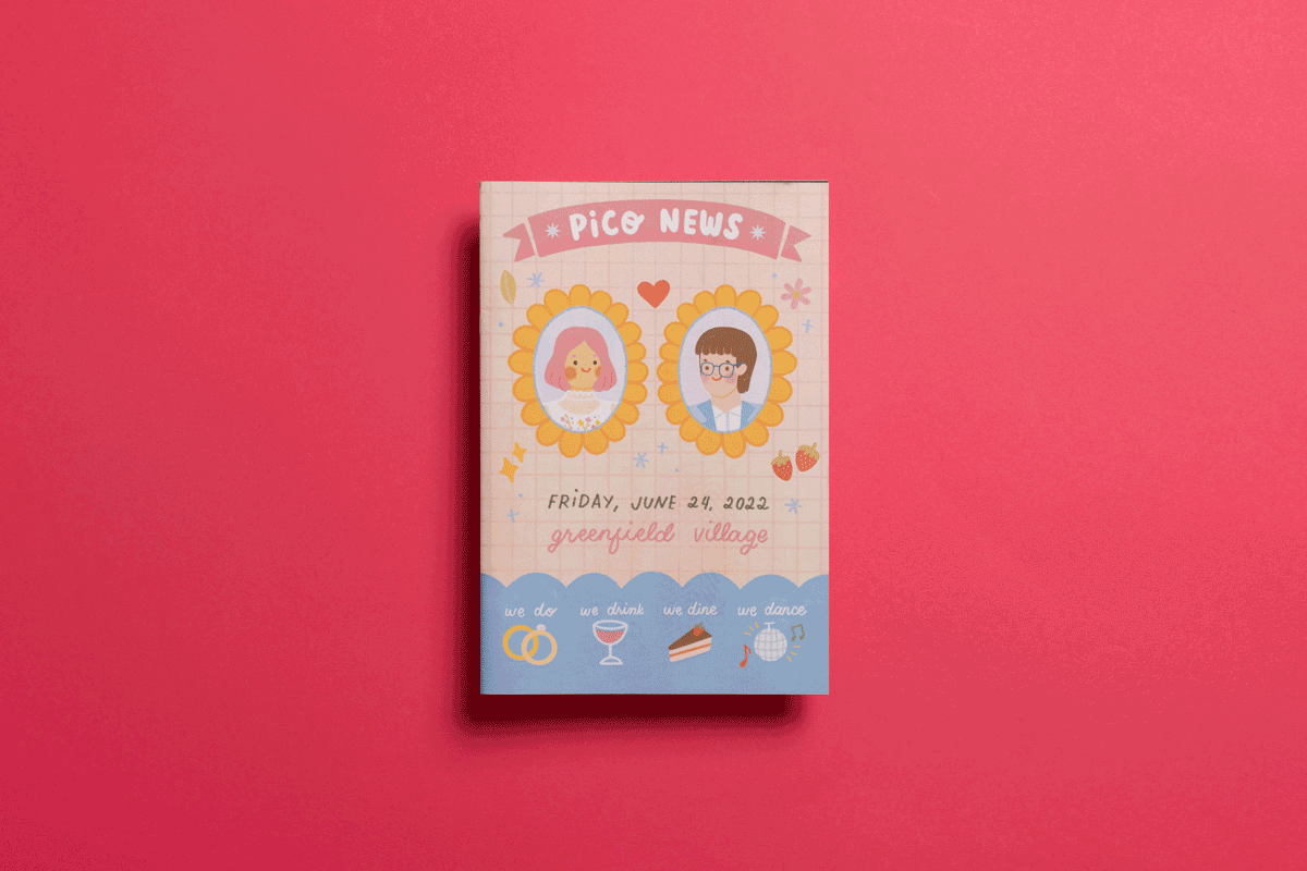 Pico News illustrated creative wedding invitation newspaper created by Pim Kang