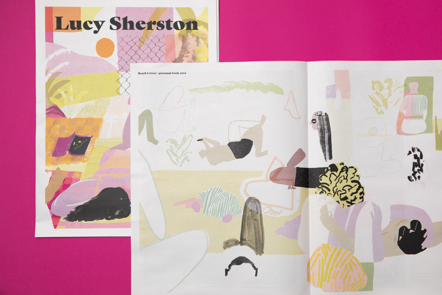 Interior spread from illustrator Lucy Sherston's newsprint portfolio, printed by Newspaper Club