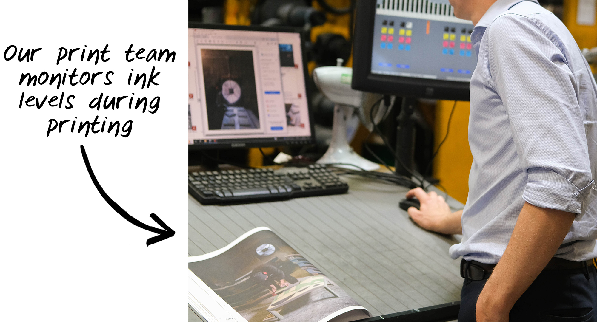 Newspaper Club staff checking a newspaper is ready to print.