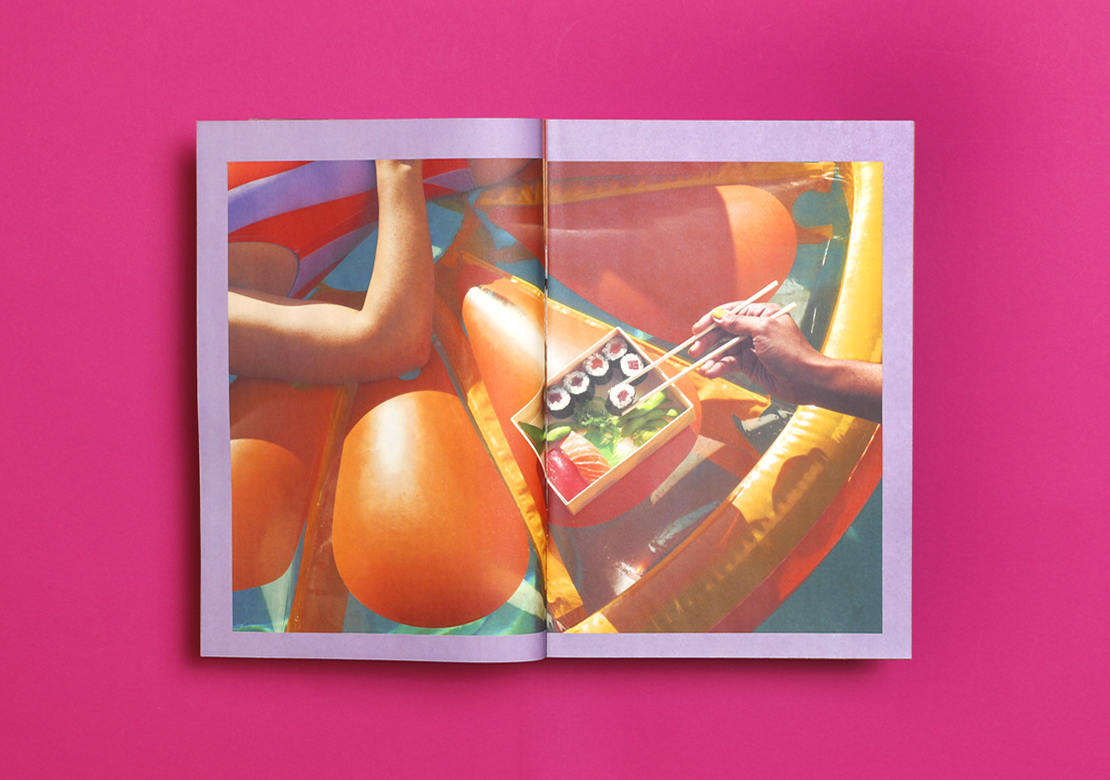 Mini newspapers featuring sushi on magenta background