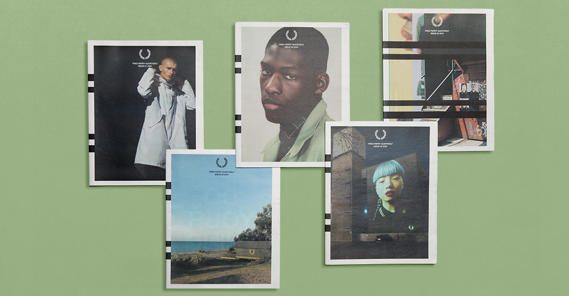 Tabloid newspapers by Studio Small for Fred Perry on green background colour