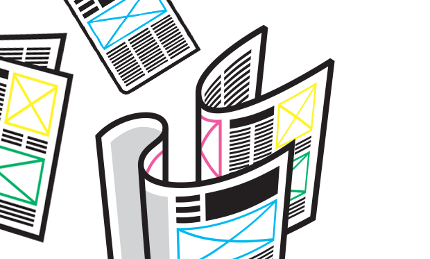 Cartoon image of three colourful newspapers